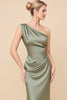 Load image into Gallery viewer, Eucalyptus Sheath Satin Ruched One Shoulder Long Bridesmaid Dress