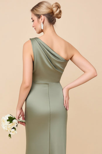 Eucalyptus Sheath Satin Ruched One Shoulder Long Bridesmaid Dress