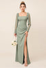 Load image into Gallery viewer, Eucalyptus Sheath Chiffon Square Neck Long Bridesmaid Dress with Sleeves