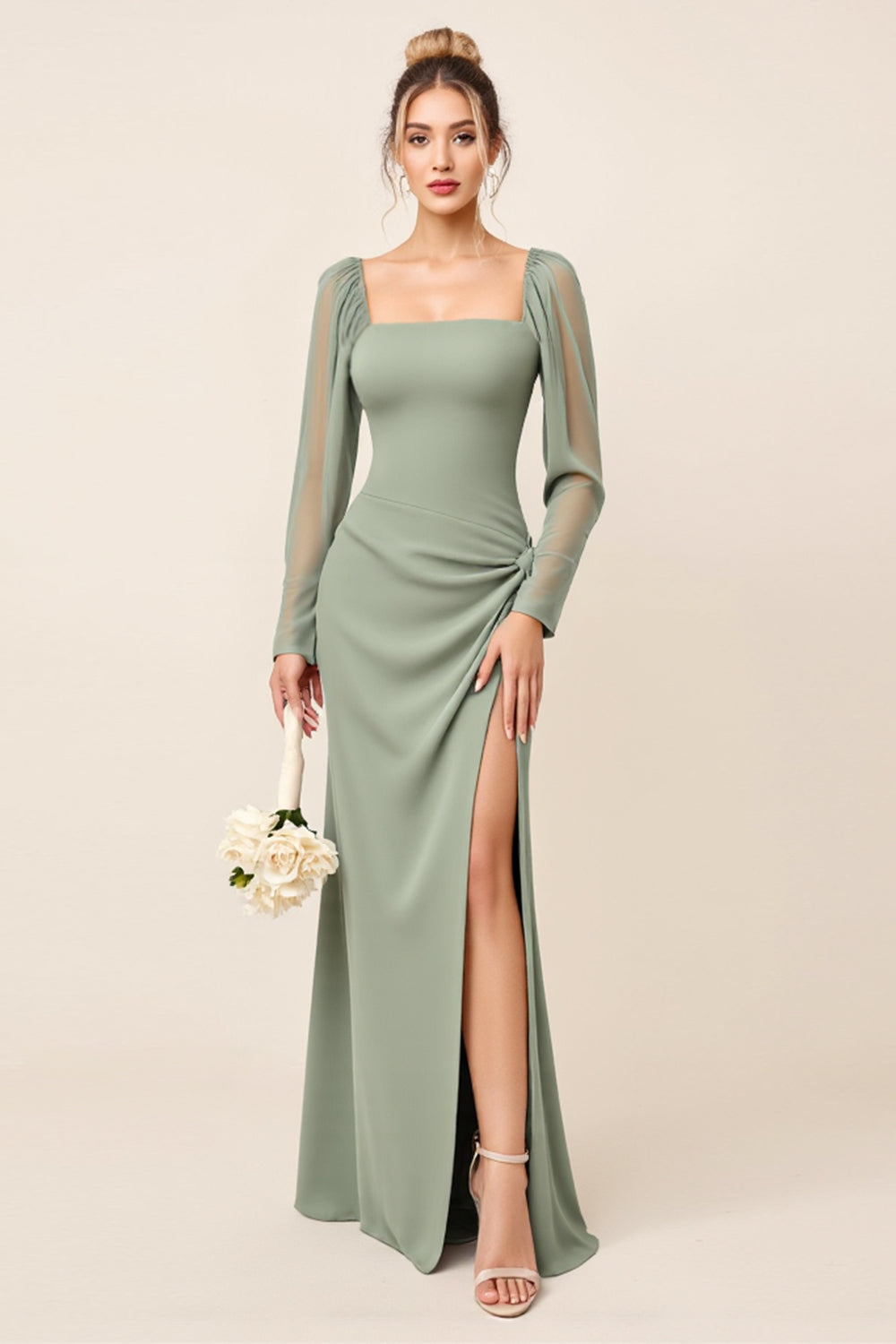 Eucalyptus Sheath Chiffon Square Neck Long Bridesmaid Dress with Sleeves