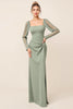 Load image into Gallery viewer, Eucalyptus Sheath Chiffon Square Neck Long Bridesmaid Dress with Sleeves