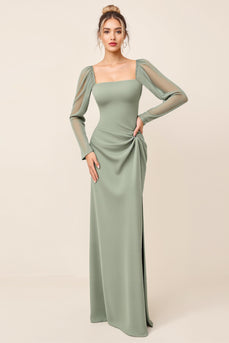 Eucalyptus Sheath Chiffon Square Neck Long Bridesmaid Dress with Sleeves