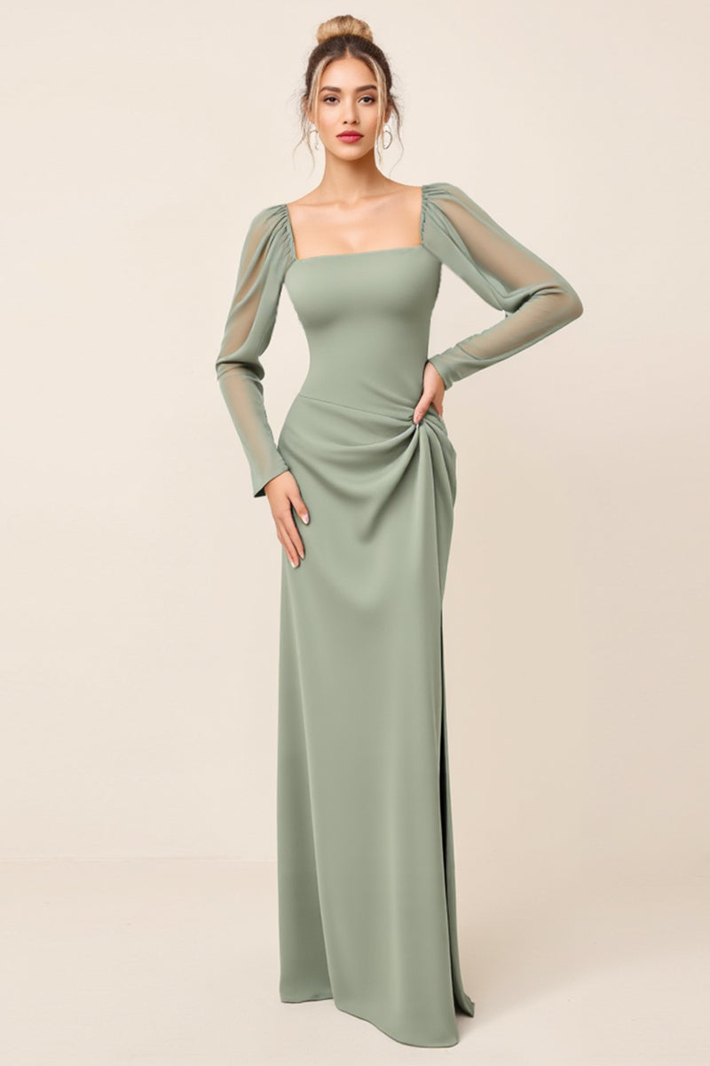 Load image into Gallery viewer, Eucalyptus Sheath Chiffon Square Neck Long Bridesmaid Dress with Sleeves