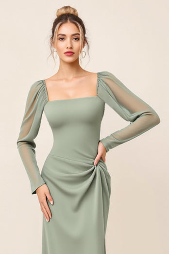 Eucalyptus Sheath Chiffon Square Neck Long Bridesmaid Dress with Sleeves