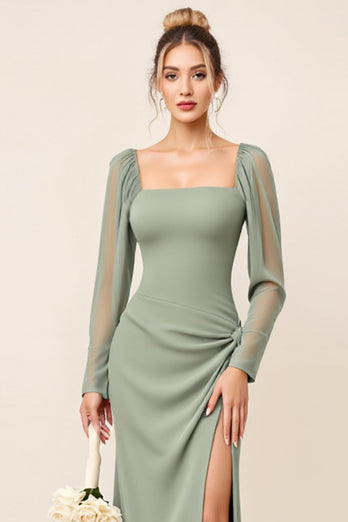 Eucalyptus Sheath Chiffon Square Neck Long Bridesmaid Dress with Sleeves