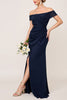 Load image into Gallery viewer, Navy Sheath Chiffon Off the Shoulder Long Bridesmaid Dress with Slit