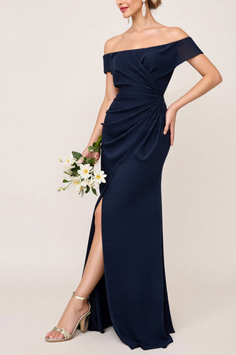 Navy Sheath Chiffon Off the Shoulder Long Bridesmaid Dress with Slit