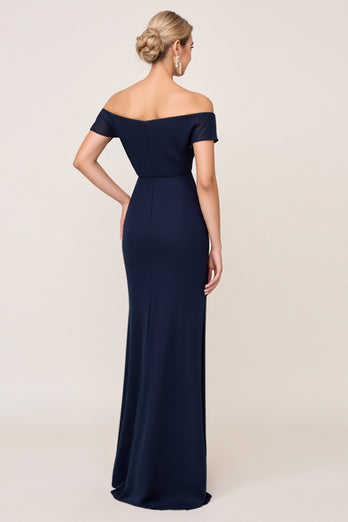 Navy Sheath Chiffon Off the Shoulder Long Bridesmaid Dress with Slit