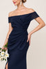 Load image into Gallery viewer, Navy Sheath Chiffon Off the Shoulder Long Bridesmaid Dress with Slit