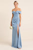 Load image into Gallery viewer, Dusty Blue Sheath Satin Off the Shoulder Long Bridesmaid Dress with Slit