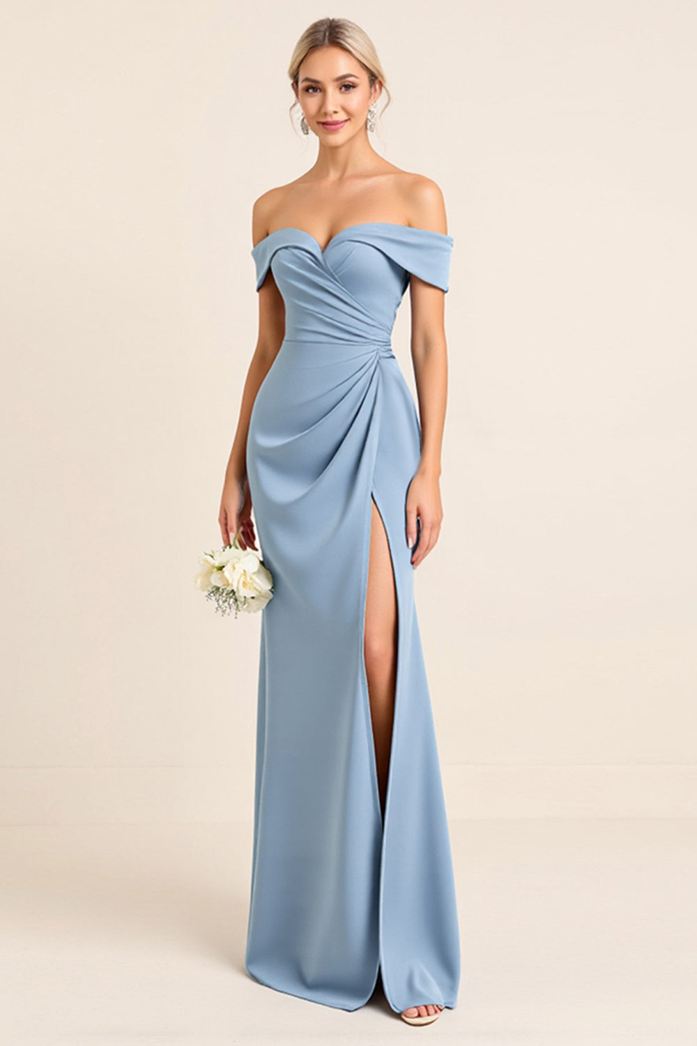 Dusty Blue Sheath Satin Off the Shoulder Long Bridesmaid Dress with Slit