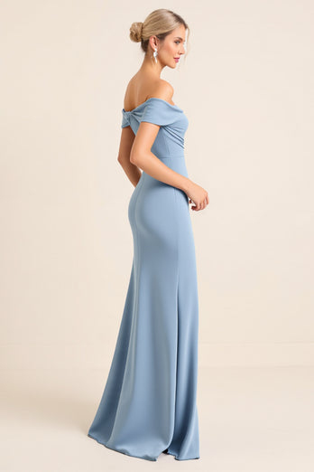 Dusty Blue Sheath Satin Off the Shoulder Long Bridesmaid Dress with Slit