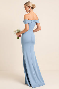 Dusty Blue Sheath Satin Off the Shoulder Long Bridesmaid Dress with Slit