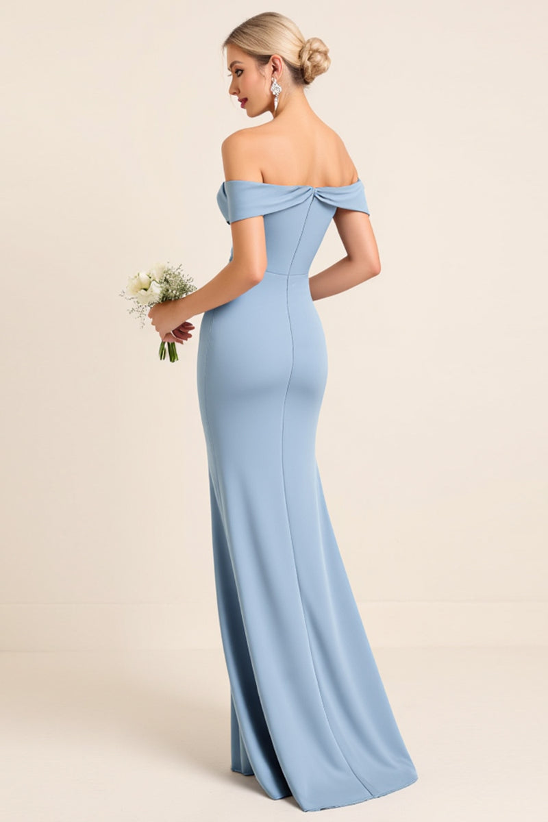 Load image into Gallery viewer, Dusty Blue Sheath Satin Off the Shoulder Long Bridesmaid Dress with Slit