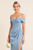 Load image into Gallery viewer, Dusty Blue Sheath Satin Off the Shoulder Long Bridesmaid Dress with Slit