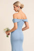 Load image into Gallery viewer, Dusty Blue Sheath Satin Off the Shoulder Long Bridesmaid Dress with Slit