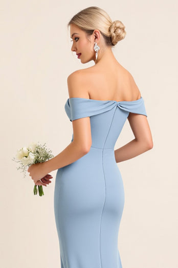 Dusty Blue Sheath Satin Off the Shoulder Long Bridesmaid Dress with Slit