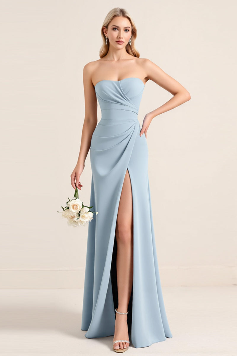 Load image into Gallery viewer, Sweetheart Dusty Blue Sheath Chiffon Long Bridesmaid Dress with Slit