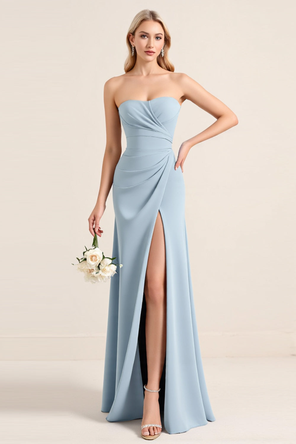 Sweetheart Dusty Blue Sheath Chiffon Long Bridesmaid Dress with Slit