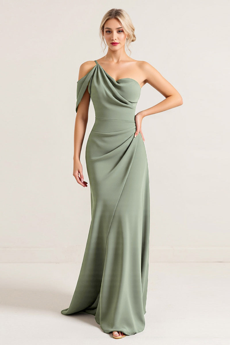 Load image into Gallery viewer, Olive Sheath Chiffon One Shoulder Long Bridesmaid Dress