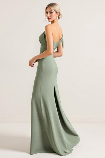 Olive Sheath Chiffon One Shoulder Long Bridesmaid Dress