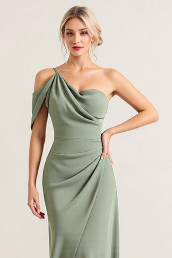 Olive Sheath Chiffon One Shoulder Long Bridesmaid Dress