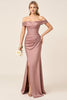 Load image into Gallery viewer, Dusty Rose Sheath Satin Off the Shoulder Long Bridesmaid Dress