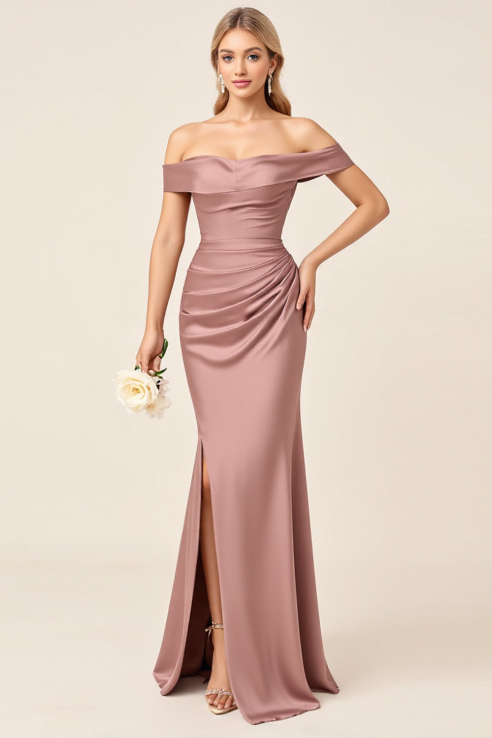 Dusty Rose Sheath Satin Off the Shoulder Long Bridesmaid Dress