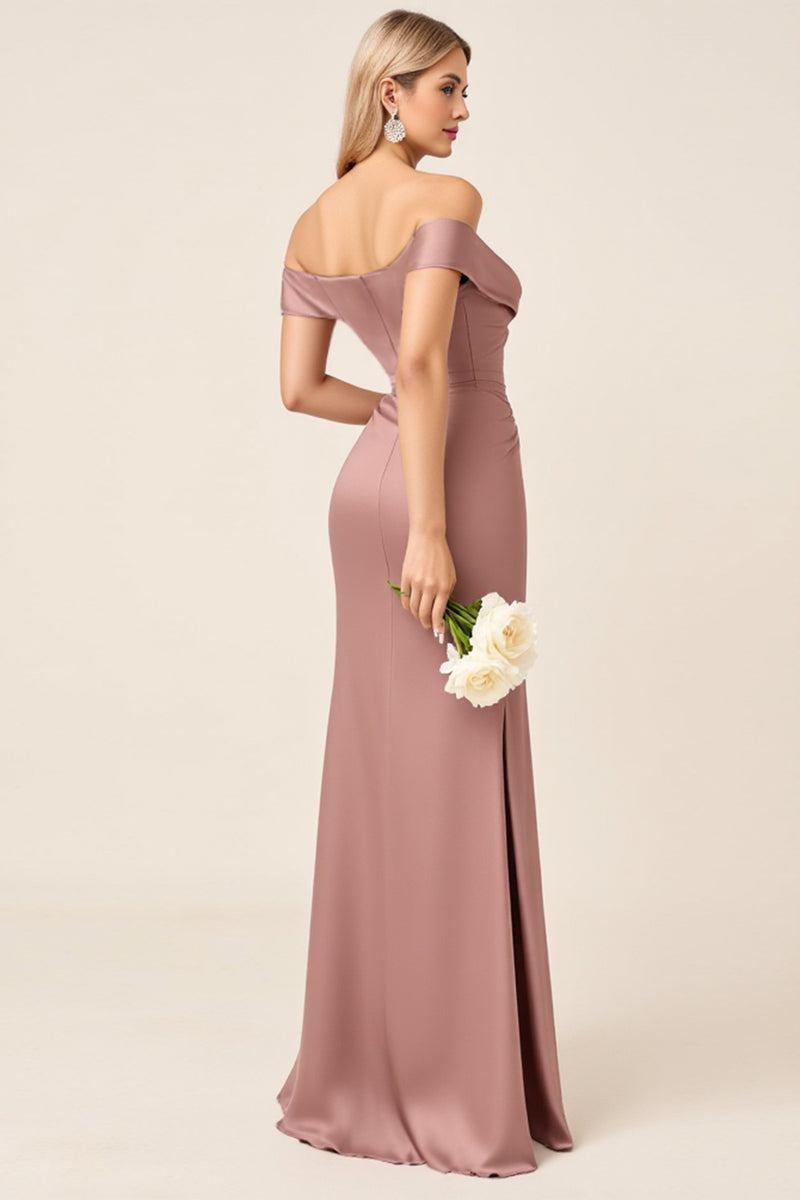 Load image into Gallery viewer, Dusty Rose Sheath Satin Off the Shoulder Long Bridesmaid Dress