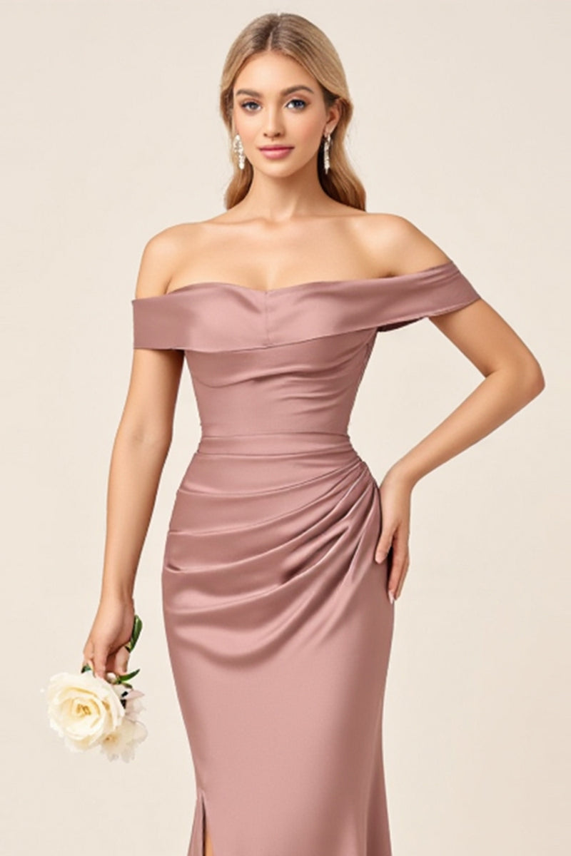 Load image into Gallery viewer, Dusty Rose Sheath Satin Off the Shoulder Long Bridesmaid Dress