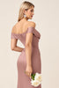 Load image into Gallery viewer, Dusty Rose Sheath Satin Off the Shoulder Long Bridesmaid Dress