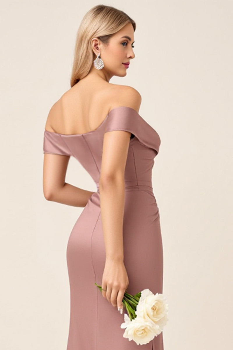 Load image into Gallery viewer, Dusty Rose Sheath Satin Off the Shoulder Long Bridesmaid Dress