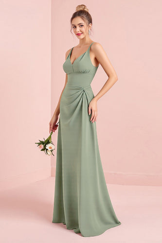 Eucalyptus Sheath Chiffon V-Neck Long Bridesmaid Dress