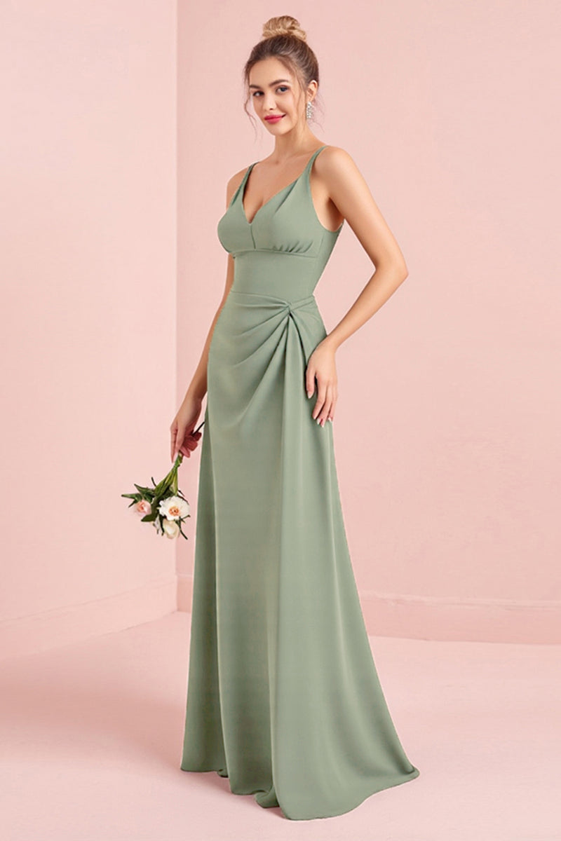 Load image into Gallery viewer, Eucalyptus Sheath Chiffon V-Neck Long Bridesmaid Dress