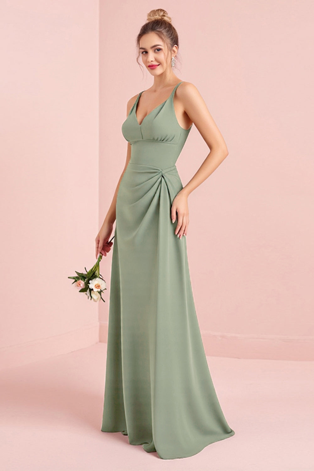 Eucalyptus Sheath Chiffon V-Neck Long Bridesmaid Dress