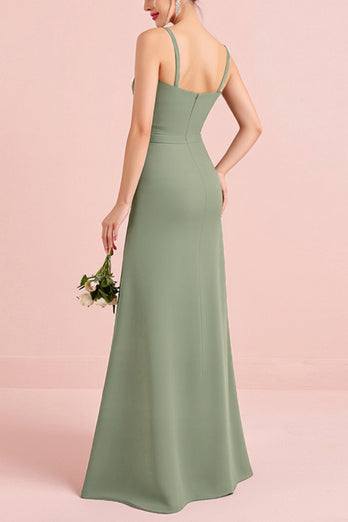 Eucalyptus Sheath Chiffon V-Neck Long Bridesmaid Dress