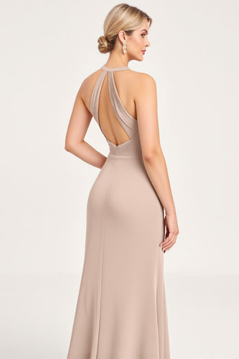 Candy Pink Sheath Satin Halter Long Bridesmaid Dress with Slit