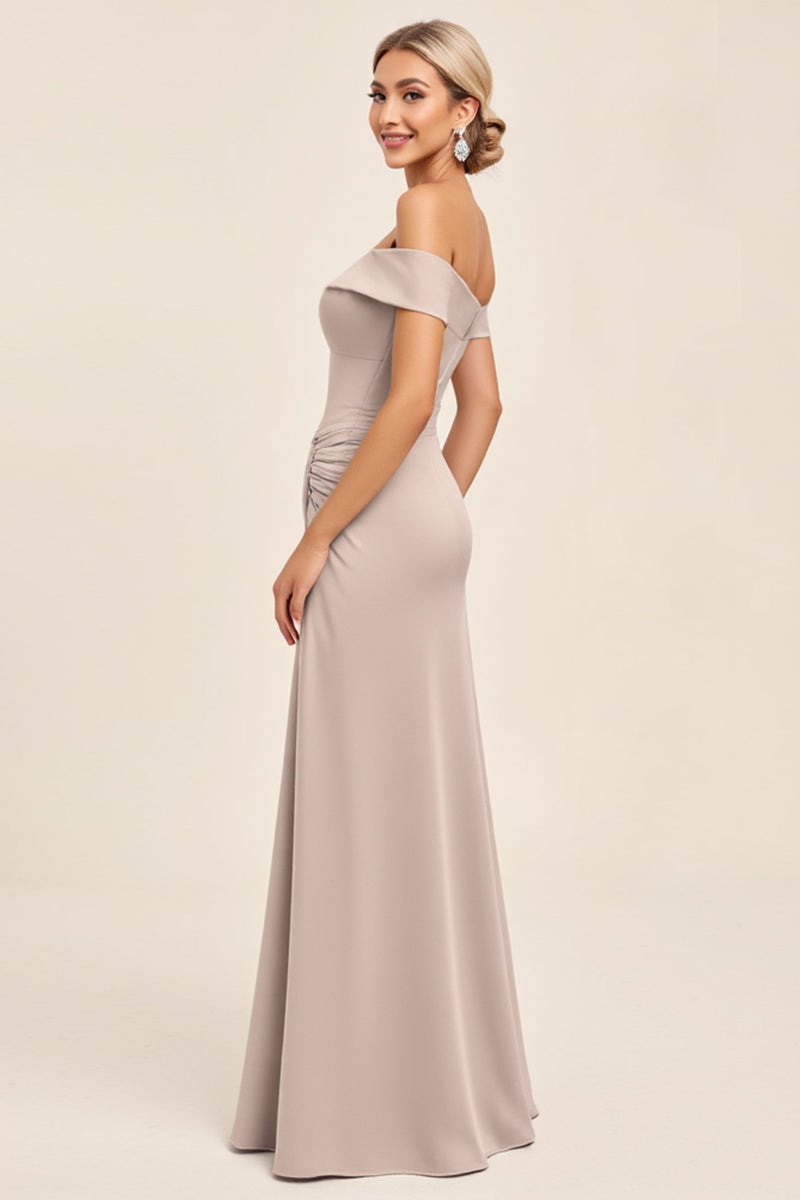 Load image into Gallery viewer, Candy Pink A Line Satin Off the Shoulder Long Bridesmaid Dress with Slit