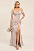 Load image into Gallery viewer, Candy Pink A Line Satin Off the Shoulder Long Bridesmaid Dress with Slit