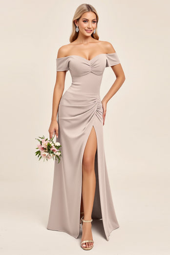 Candy Pink A Line Satin Off the Shoulder Long Bridesmaid Dress with Slit