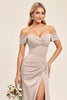 Load image into Gallery viewer, Candy Pink A Line Satin Off the Shoulder Long Bridesmaid Dress with Slit