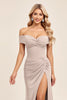 Load image into Gallery viewer, Candy Pink A Line Satin Off the Shoulder Long Bridesmaid Dress with Slit