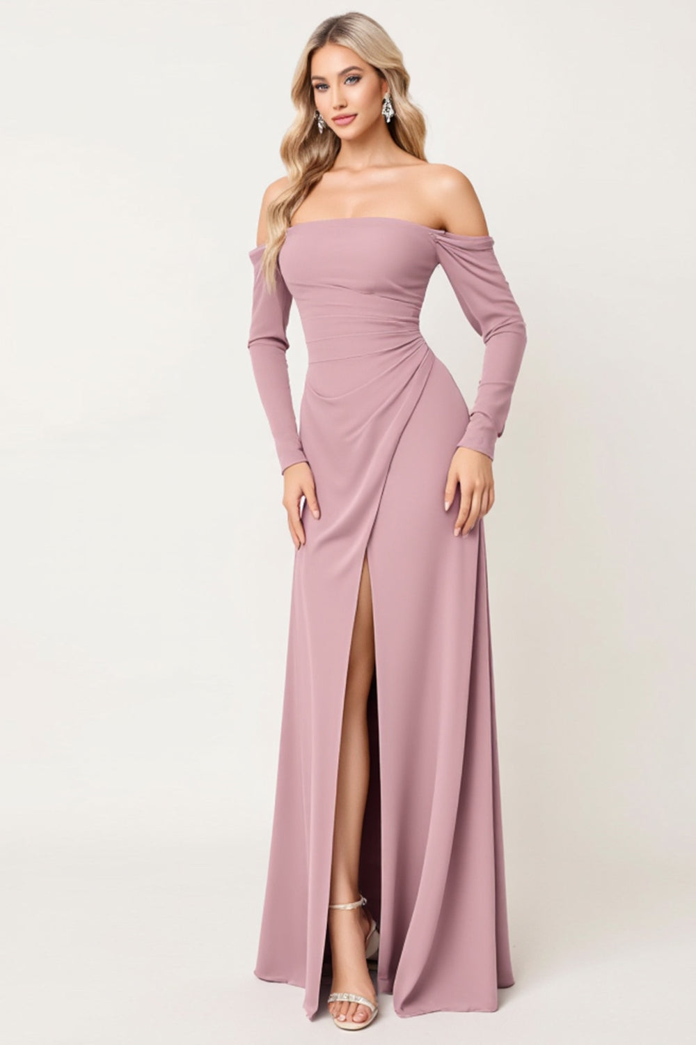 Dusty Rose Sheath Chiffon Off the Shoulder Long Bridesmaid Dress