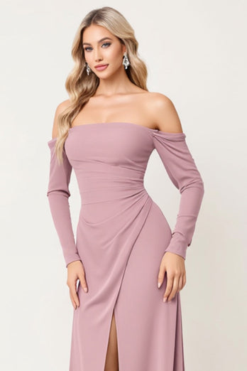 Dusty Rose Sheath Chiffon Off the Shoulder Long Bridesmaid Dress