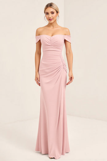 Blush Pink Off the Shoulder Sheath Long Bridesmaid Dress