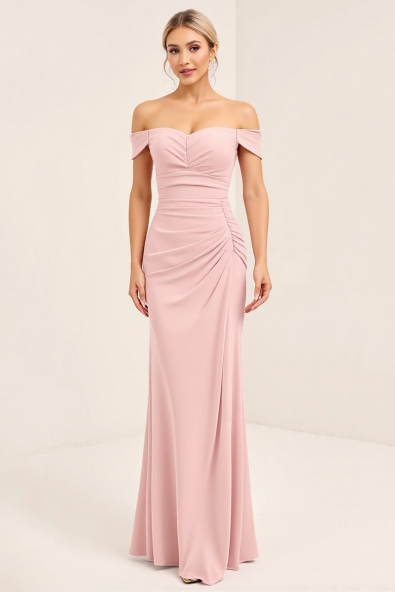 Load image into Gallery viewer, Blush Pink Off the Shoulder Sheath Long Bridesmaid Dress