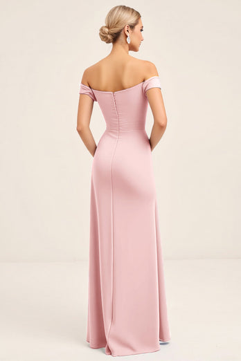 Blush Pink Off the Shoulder Sheath Long Bridesmaid Dress