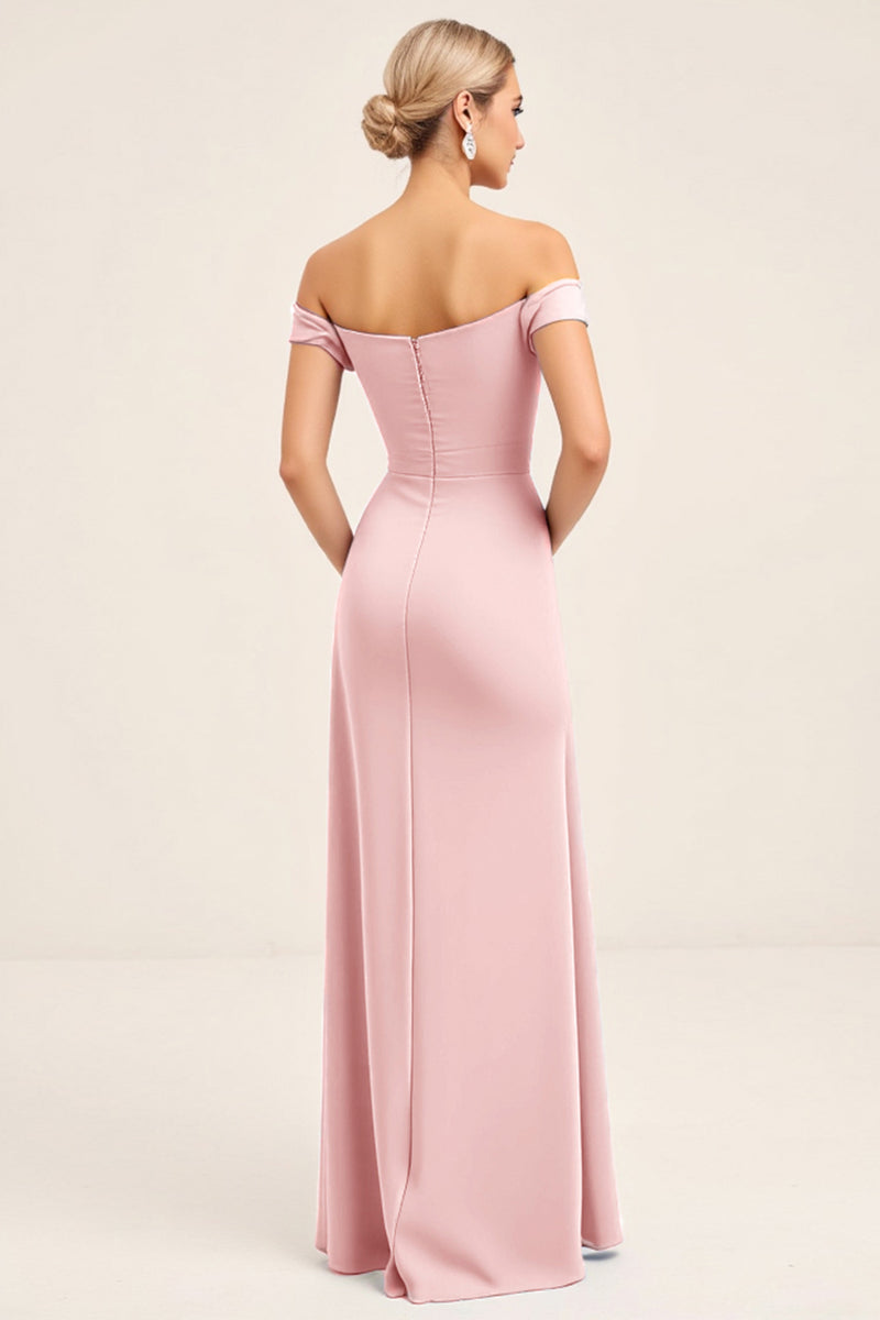 Load image into Gallery viewer, Blush Pink Off the Shoulder Sheath Long Bridesmaid Dress