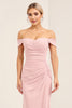 Load image into Gallery viewer, Blush Pink Off the Shoulder Sheath Long Bridesmaid Dress