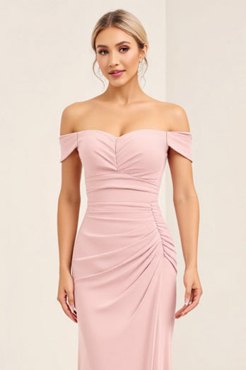 Blush Pink Off the Shoulder Sheath Long Bridesmaid Dress